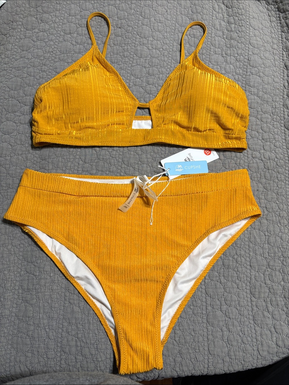 Cupshe Golden Yellow Ribbed High-Waist Bikini Set
